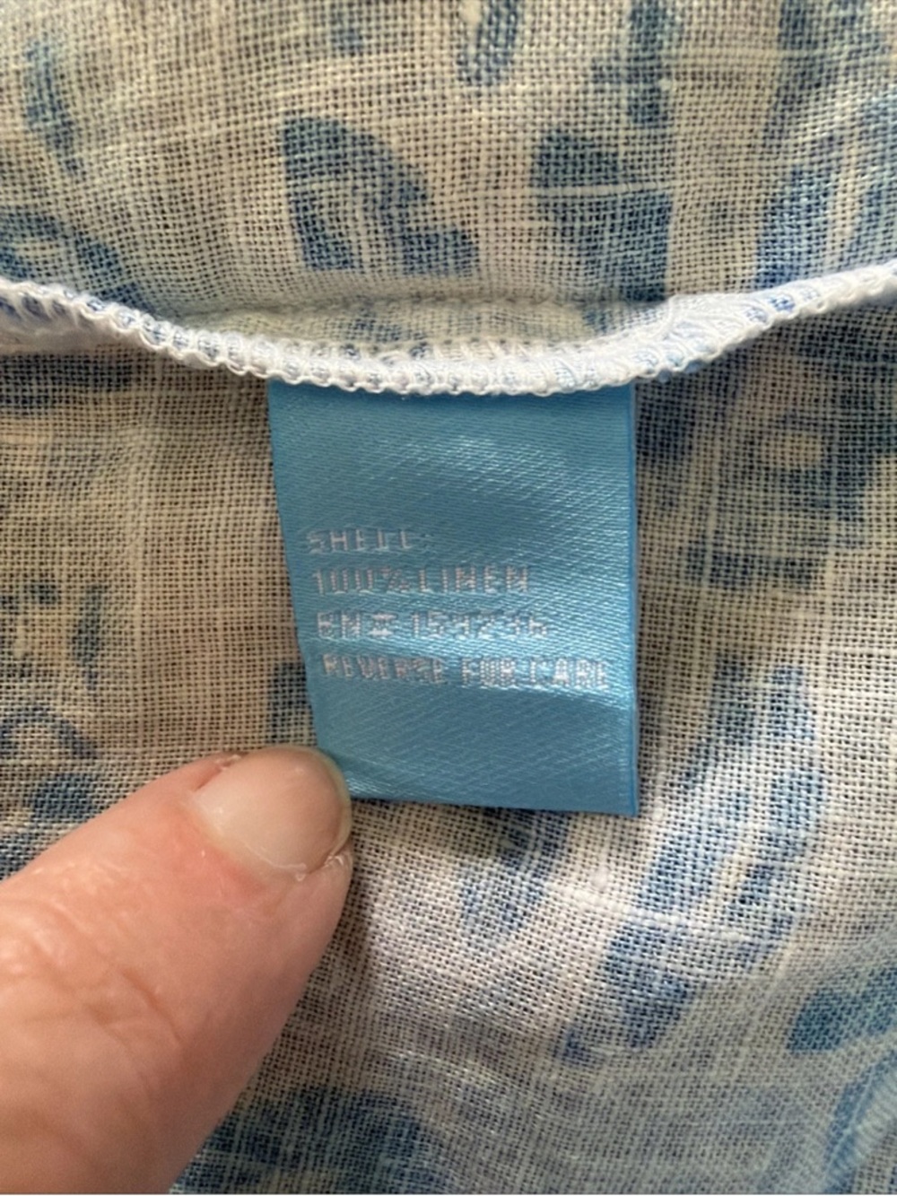 J. McLaughlin Riviera Print Blue Linen Shift Dress Pleated Roll Tab Sleeves Sz M - Picture 8 of 10